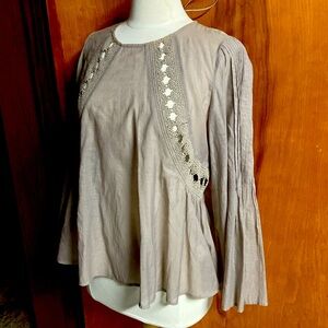 Soft Surroundings Med Johanna flowing blouse taupe stitched details BOHO